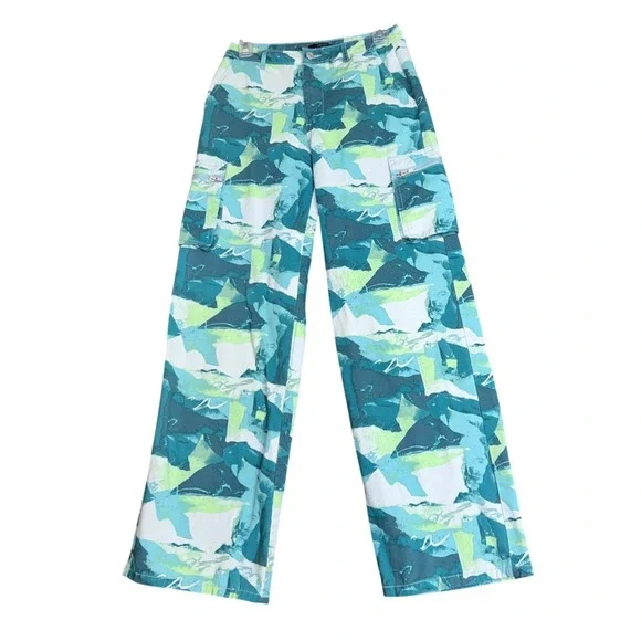 Forever 21 Womens Size Small Cargo Pants Teal Green Abstract Wide Leg Y2K - Picture 2 of 16